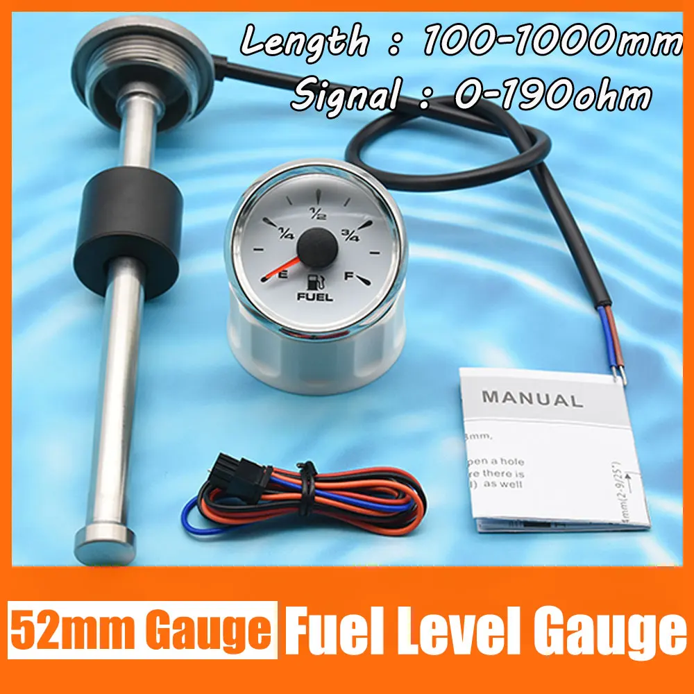 52mm Waterproof Car Boat Fuel Level Gauge with 7 Backlight 0~190 ohm Fuel Level Sensor Fuel Sending Unit 150mm 200mm 250mm 500mm