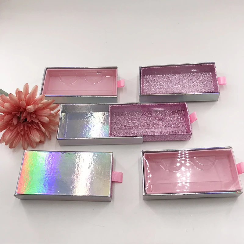 Empty Slide Drawer Lashes Boxes Glitter Smooth Pink with Holographic Eyelash Packaging for 5D Mink Lash