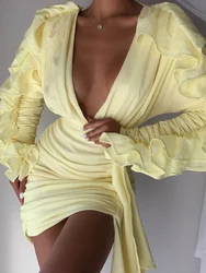 High Quality Celebrity Yellow Green Long Ruffles Sleeve Bodycon Dress Elegant Cute Dress Vestidos