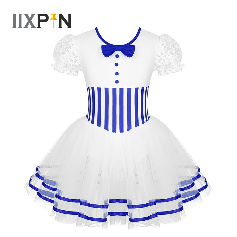 

Girls Christmas Ice Skating Dress Puff Sleeves Striped Printed Waist Baton Twirling Mesh Leotard Figure Roller Skating Dress