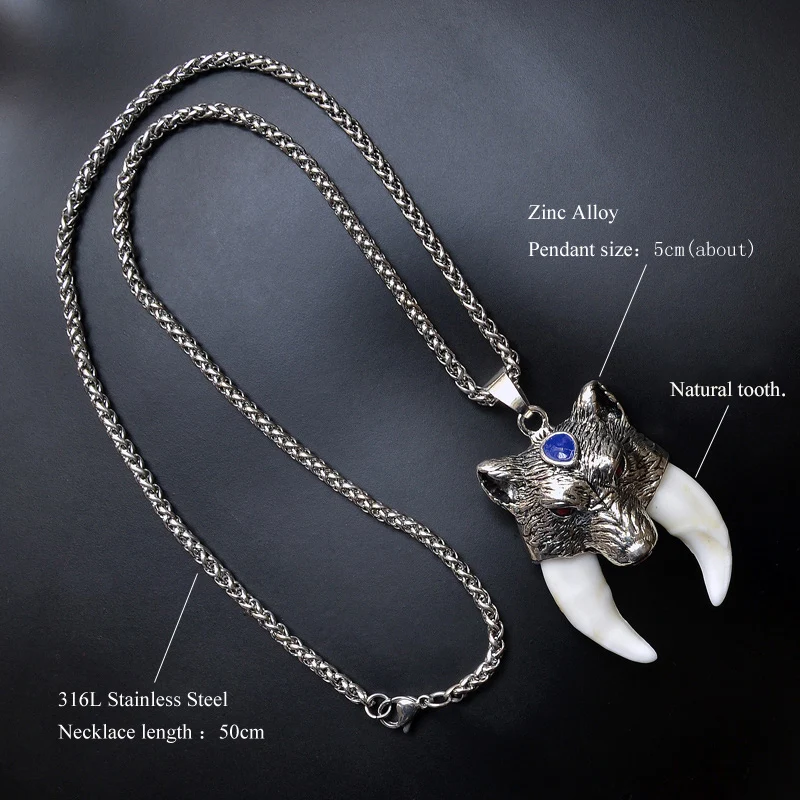 YX002 Men\'s Bone Pendant Necklace Stainless Steel Necklace Tibetan Amulet Fangs Real Natural Tooth Vintage Wolf Tooth Charm