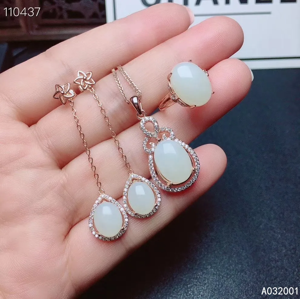 

KJJEAXCMY fine jewelry natural white jade 925 sterling silver new women pendant necklace ring earrings set support test luxury