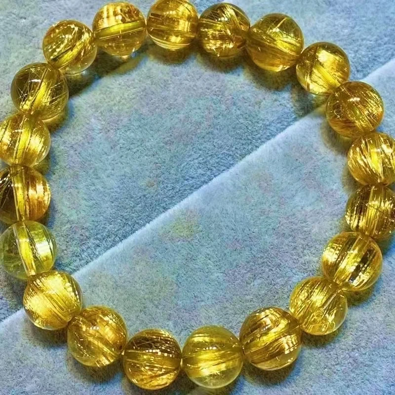 Brazil Natural Gold Rutilated Quartz Bracelet 9mm Clear Round Beads Women Men Fashion Big Size Bead Wealthy Stone AAAAAAA