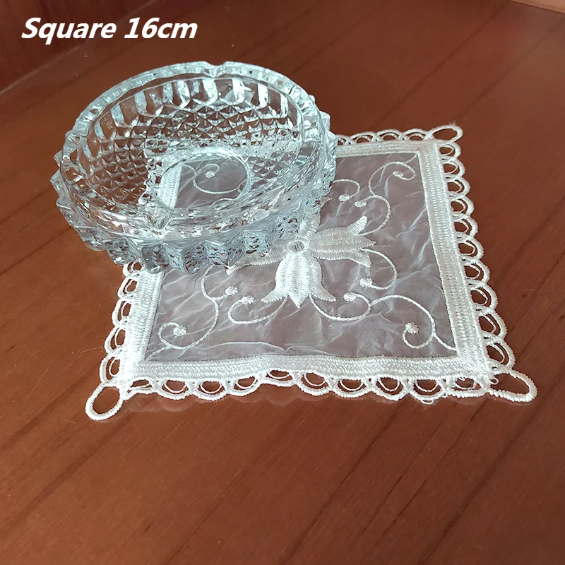 Square 16cm European Organza Embroidered Ashtray Table Mat Bar Place Coaster Beer Mug Cup Cover Cloth Banquet Party Decoration