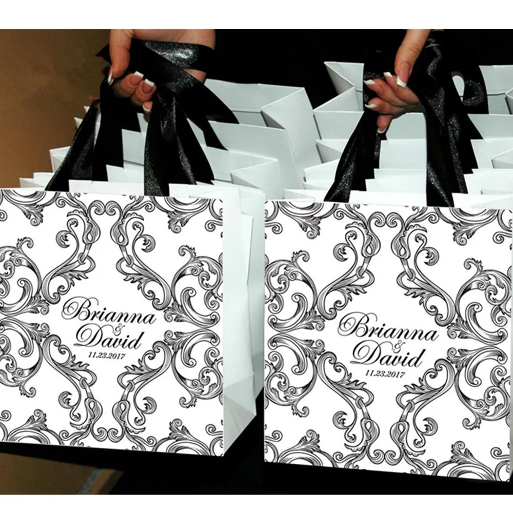 Personalized Wedding Welcome Bags with  satin  ribbon  stylish ornate  and your  names  cutom  Elegant  Wedding Gifts for guests