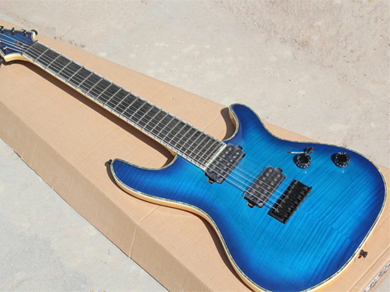 7 Strings Blue body Electric Bass Guitar with Flame Maple Veneer,Neck through body,Black Hardware,offer customized