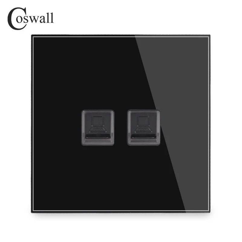 Coswall Crystal Tempered Glass Panel 2 Gang RJ45 CAT5E Internet Jack Wall Data Socket Computer Outlet White Black Grey Gold