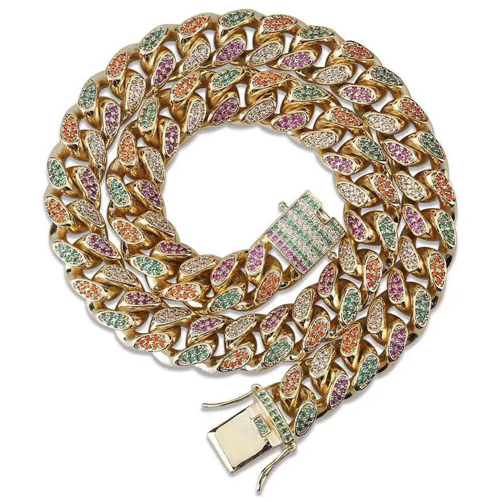 

Hip Hop Multicolor AAA+ Cubic Zirconia Bling Ice Out Cuban Curb Miami Link Chain Necklace for Men Rapper Jewelry Gold Color