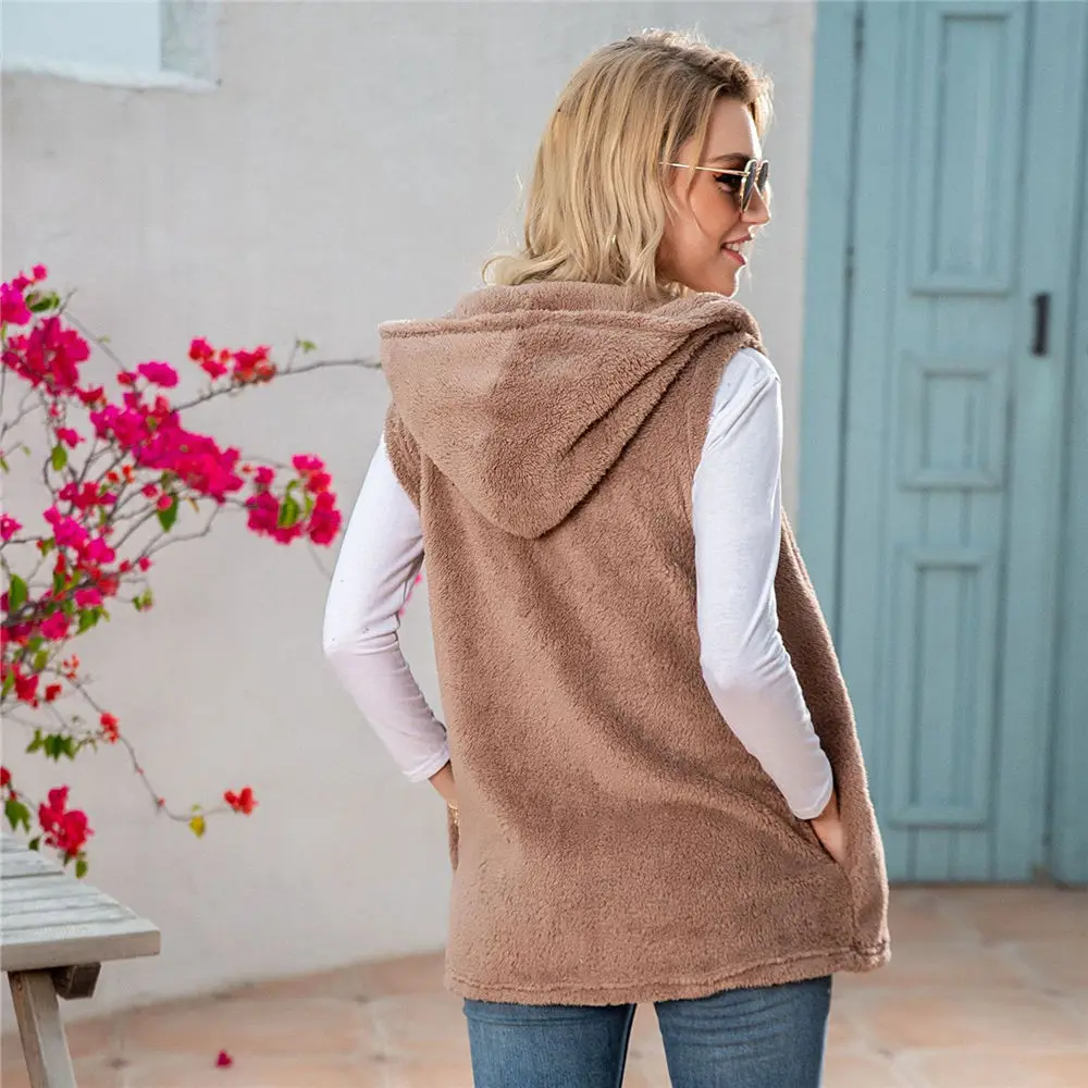 Women Oversized Teddy Fleece Sweater Hooded Plus Size 5XL Sherpa Vest Winter Warm Sleeveless Waistcoat