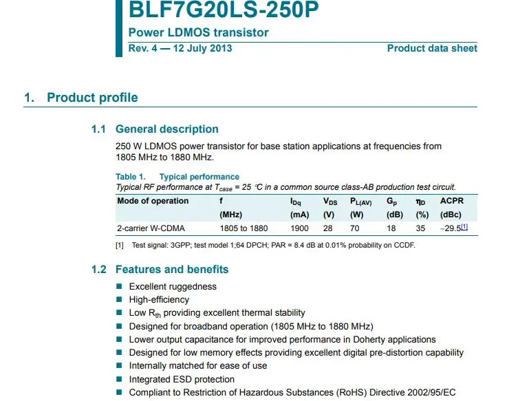 BLF7G20LS-250P BLF7G20LS -250P 250 W LDMOS power transistor from 1805 MHz to 1880 MHz (With tin/not new) 1pcs/lot