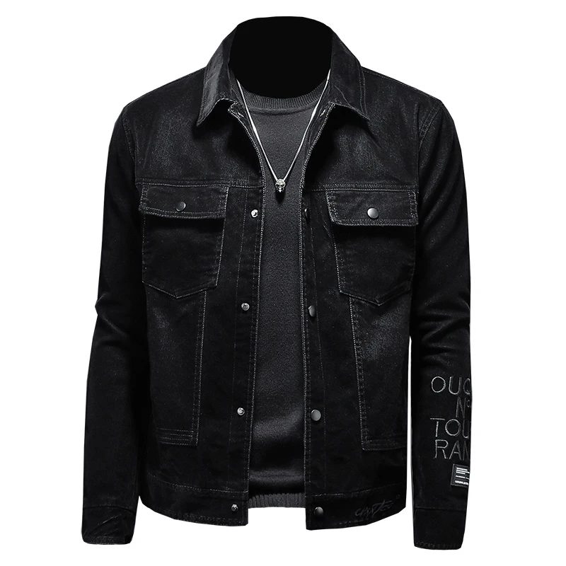 

2022 Winter Jeans Jackets Men Denim Coat Lapel Letter Embroidery Plus Velvet Thickening Slim Moto Bomber Black Cowboy Outwear