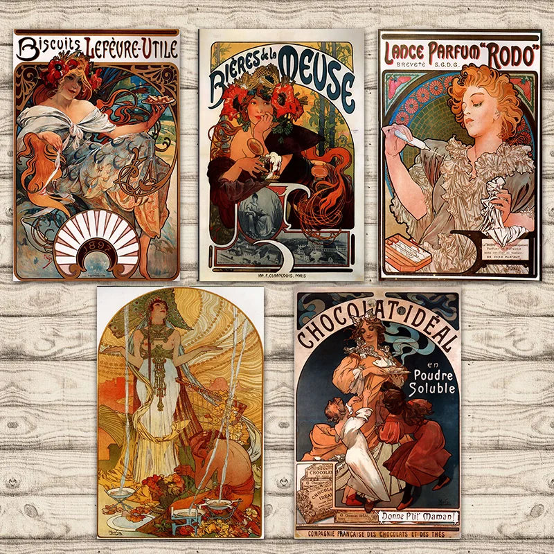 Cerveza Chocolate galleta AD Alphonse Maria Mucha cartel Retro clásico lienzo pintura Bar decoración del hogar regalo