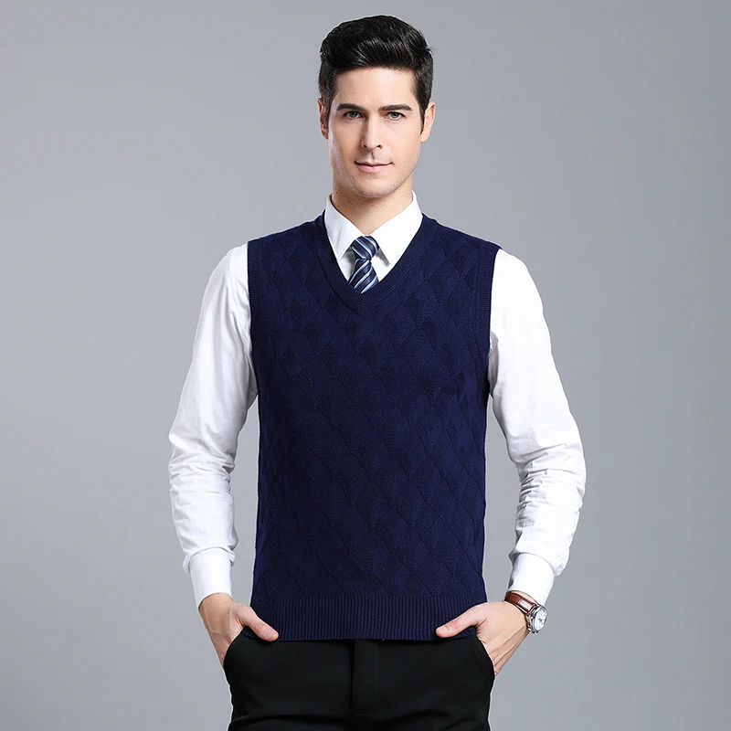 

2019 Mens Casual Solid Color Sweater Vest High Quality Male V Neck Knitted Cashmere Pullover for Winter