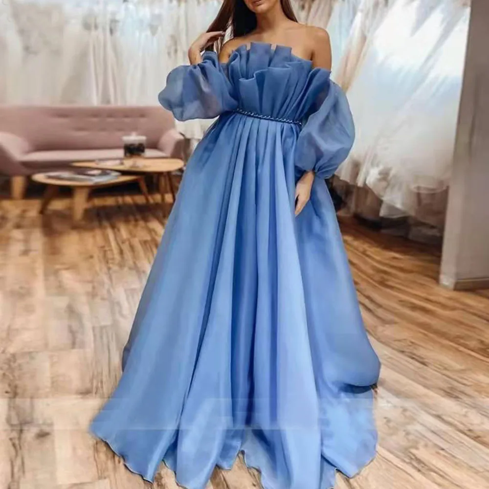 

Blue Organza Prom Dress Full Puff Sleeves Strapsless Ruffles Evening Party Gowns A-line Train Backless Sash vestidos de fiesta