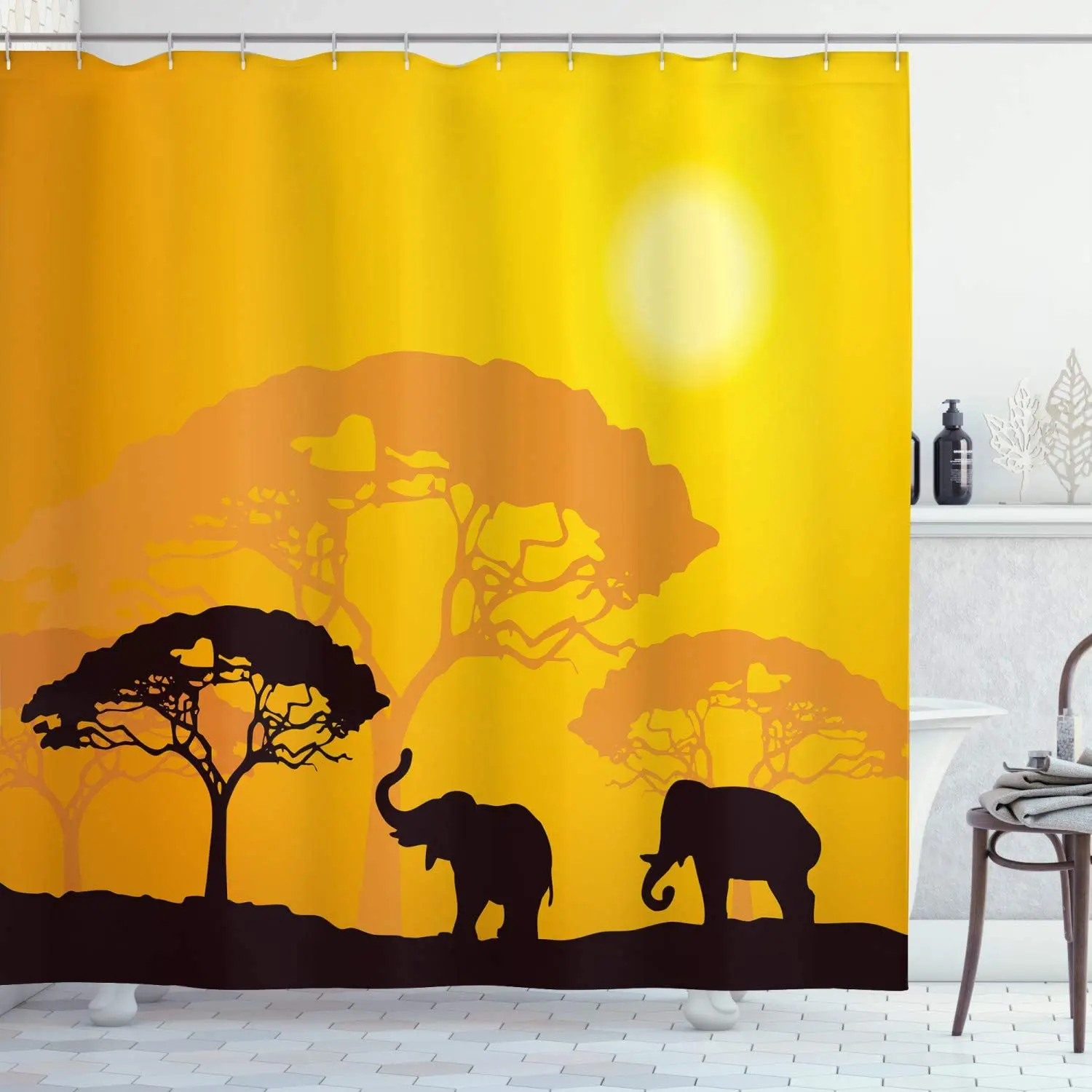 Safari Shower Curtain Wildlife Animals Elephants Sun Beams Trees Print Art Bathroom Decor Set with Hooks 70