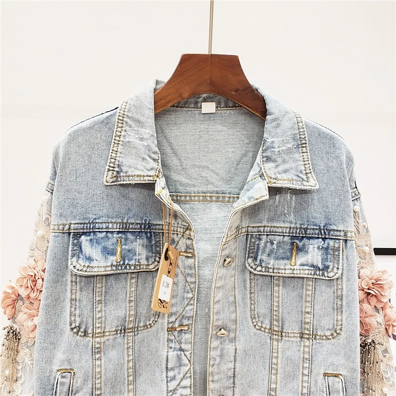 Women Autumn Flower Embroidery Loose Fit Denim Jacket Short Long Sleeve Fashion Ladies Hip Hop High Street Jean Outerwear Coat