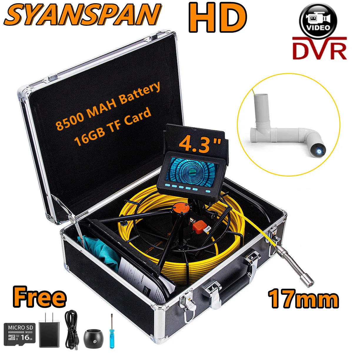 

Pipe Inspection Camera with DVR 16GB FT Card,SYANSPAN Sewer Drain Industrial Endoscope IP68 8500MHA Battery 10/20/30/50M