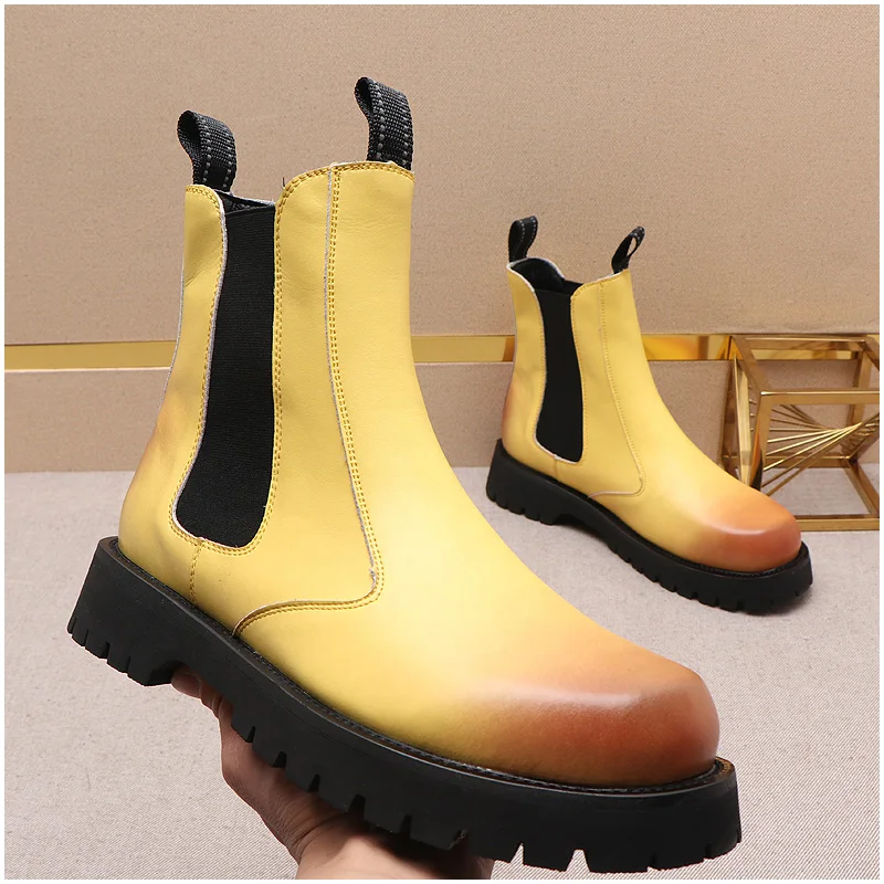 

men's luxury fashion stage nigthclub motorcycle boots cow leather platform shoes high top chelsea boot military short botas man