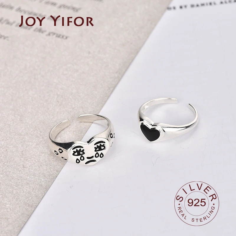 Vintage Silver Color Metal Punk Cry Face Heart Black Open Round Rings Design Finger Rings for Women men Party Jewelry Gifts