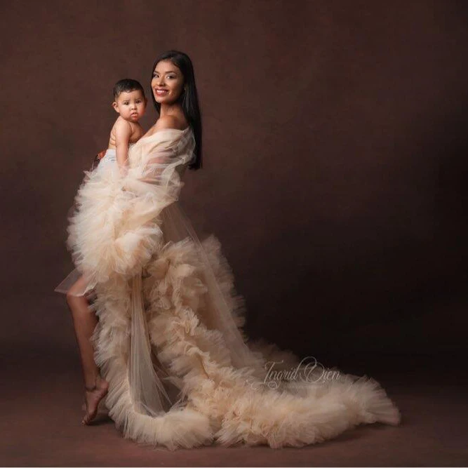 

Elegant Long Sleeves Maternity Photography Dresses For Photo Shoot Pregnant Dress Tiered Puffy Tulle Long Formal Dresses robe