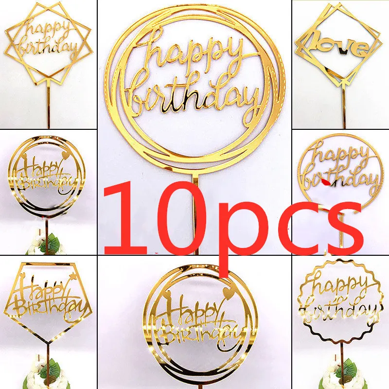 10 Pcs 36 Styles Happy Birthday Cake Topper Pink Gold Acrylic Cake Toppers Baby Shower Cake Birthday Party Cake Flag Decorations