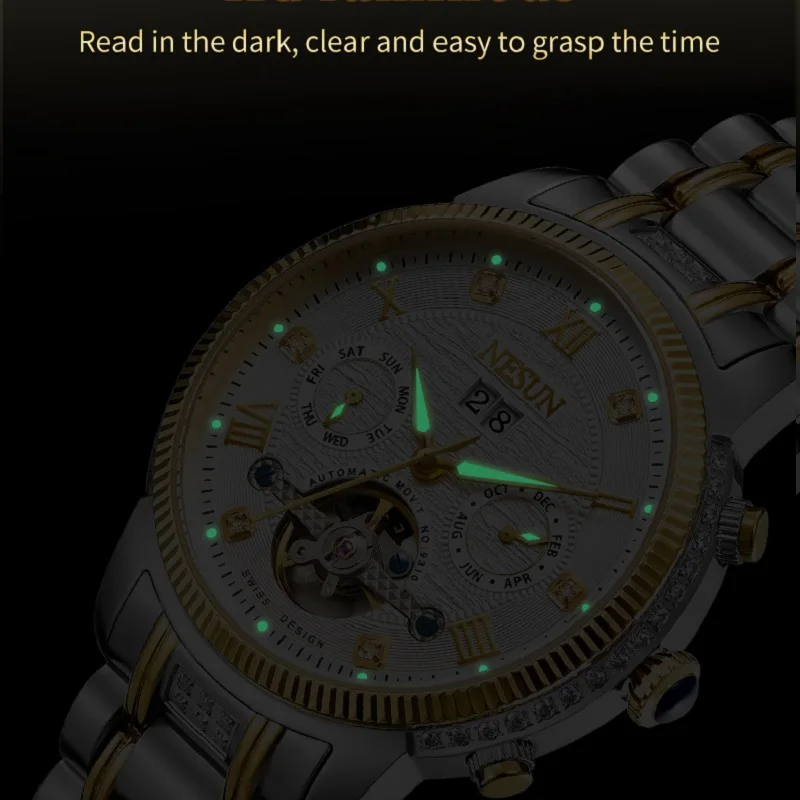 New Luxury Brand Switzerland NESUN Automatic Mechanical Men\'s Watches Skeleton Sapphire Waterproof Diamond Multi-function N9310