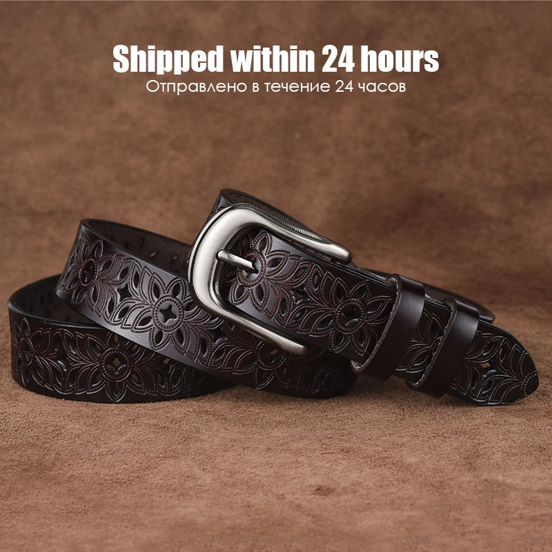 VATLTY Fashion Hollow Leather Belt for Woman Solid Metal Buckle Natural Cowhide Trousers Brown Belt Jeans Belt Female ZK094