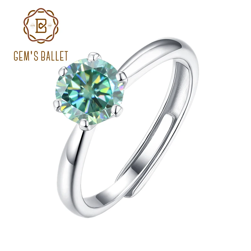 GEM'S BALLET Real 925 Sterling Silver Adjustable Open Green Moissanite 1ct 6Prong Rings For Women Bijoux Party Engagement Gift