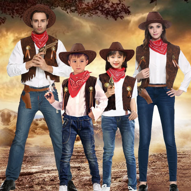Kostum Cosplay Koboi Anak-anak Dewasa Pakaian Syal Topi Rompi Cowgirl Mewah Barat Liar Anak Laki-laki Wanita Pesta Halloween