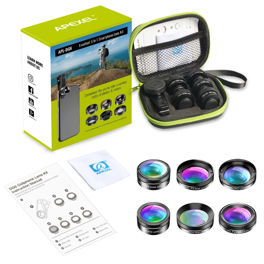 APEXEL New Phone Camera Lens Kit 6 in 1 Fish Eye Lens 205 Degree Wide Angle 25X Macro Lens CPL/Star ND32 Filter for Smartphones