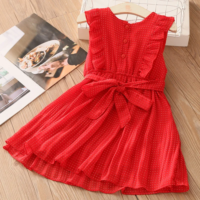 

2022 Summer 3 4 5 6 7 8 9 10 12 Years Children Button Dot Belt Sleeveless Red Cotton Lining Chiffon Dress For Kids Baby Girl