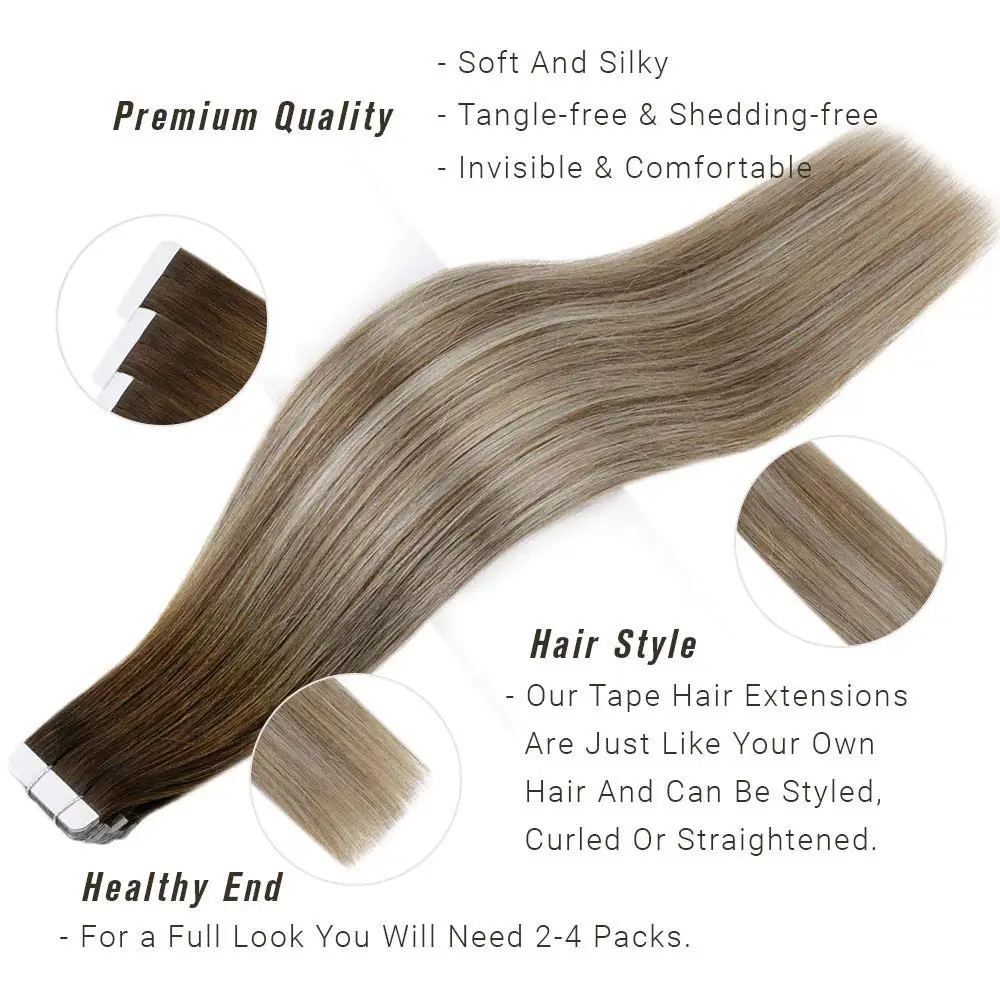 Full Shine Tape in Hair Balayage Color 100% Real Human Hair Extensions 20 Pcs 50g Seamless Tape on Hair Machine Made Remy