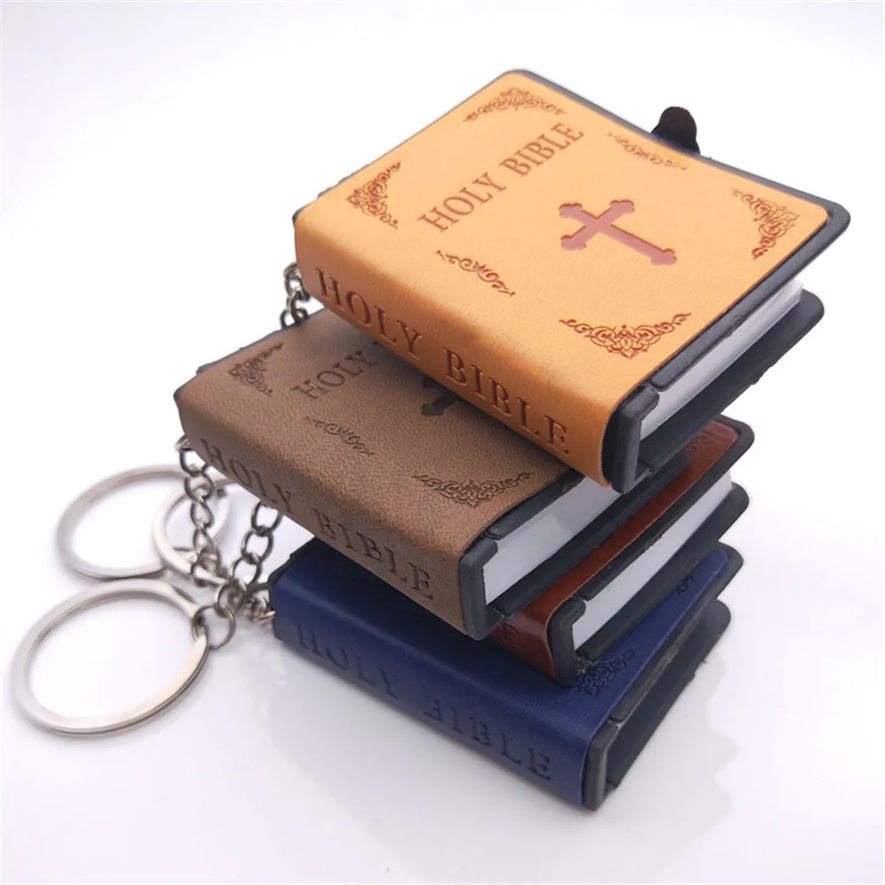 Mode Schlüssel Kette Mit Mini Bibel Englisch Mini Heilige Bibel Schlüsselanhänger PU Leder Religiöse Christian Jesus Kreuz Schlüsselanhänger Kreative