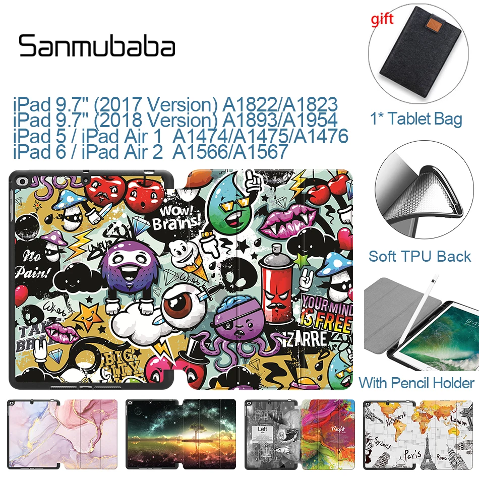 Sanmubaba Case For iPad 9.7 2017 2018 for iPad Air 2 Air 1 5th/6th TPU Soft Back PU Leather Flip Smart Cover With Pencil Holder