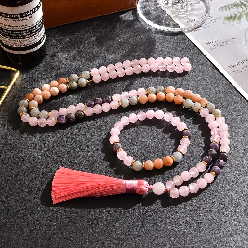 

8mm Amethyst Sun Stone Rose Quartz Beaded Necklace Set Meditation Yoga Jewelry 108 Japa Mala Women Charm Tassel Rosary