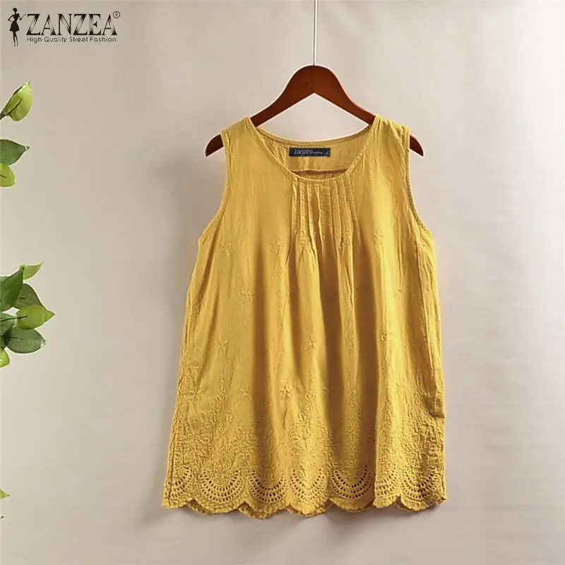 ZANZEA  Women Blouse Summer Sleeveless Tanks Tops Hollow Out Shirt Female Solid Cotton Linen Blusas Vintage Embroidery Tops