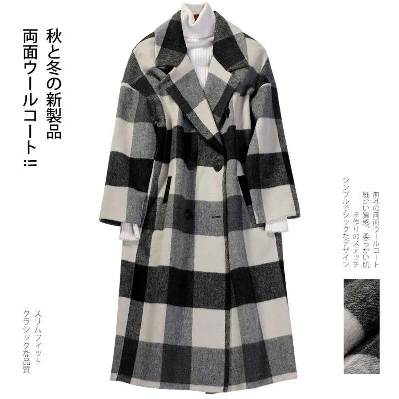 

Autumn Winter Coat Women 90% Wool Coat Female Long Jackets Korean Plaid Double Breasted Woolen Clothes Black Overcoat 935