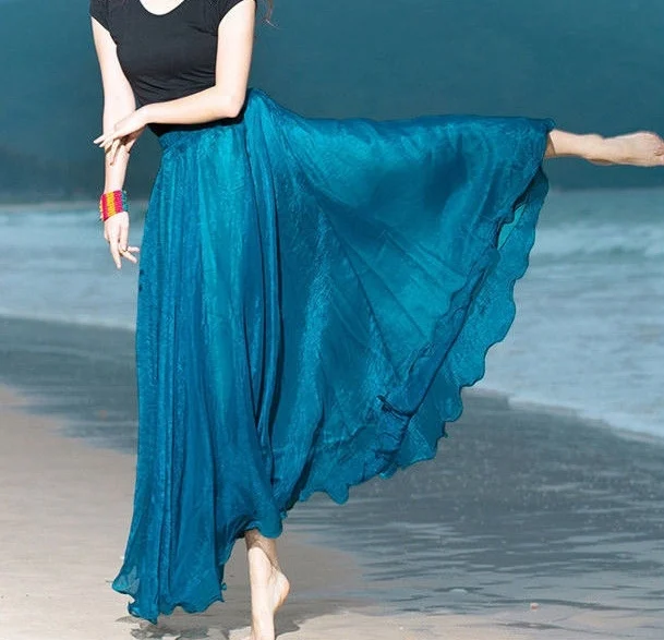 Rok Maxi panjang sifon Boho wanita rok berlipat rumbai ramping Kelim besar rok panjang selutut liburan pantai Sundress Faldas Saia