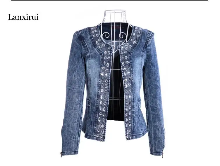 Fashion Elastic denim rhinestone paillette vintage short denim jacket top Loose Embroidered Jeans Coat Jacket Female