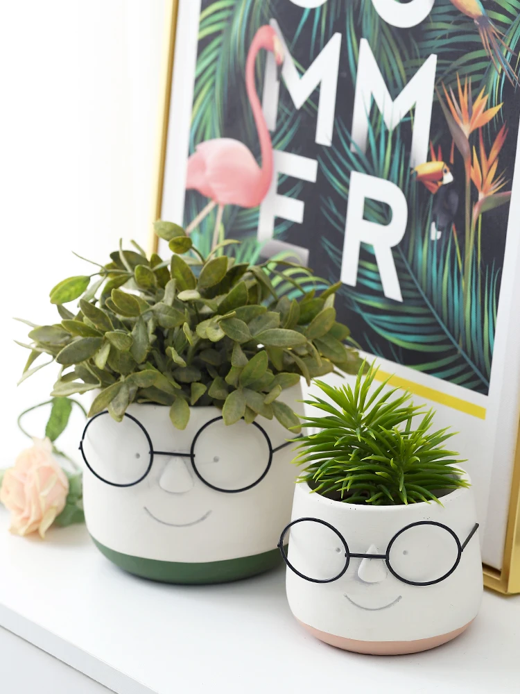 Nordic Cute Glasses Boy Ceramic Succulent Flower Pot Cartoon Fashion Simple Art Dried Flower Vase Indoor Green Dill Home Garden