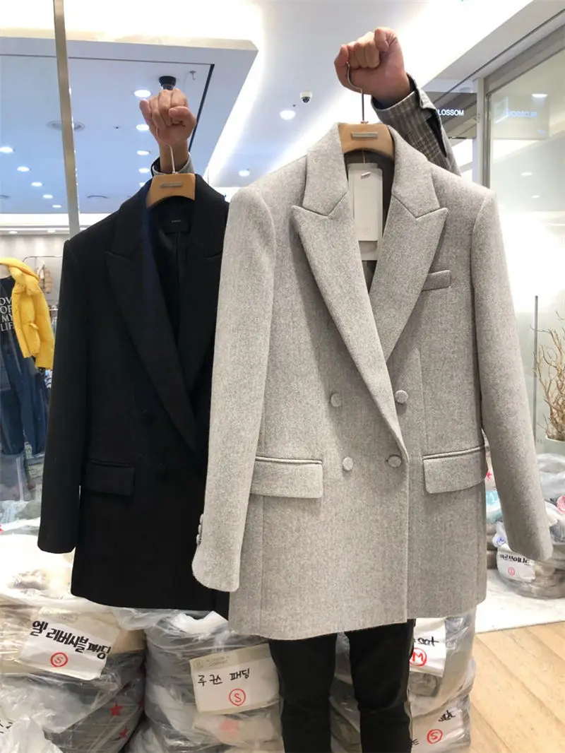 Veste blazer en laine à double boutonnage pour femme, manteau imbibé noir, tempérament gris, coréen, automne, hiver, nouveau, 2021, M1185