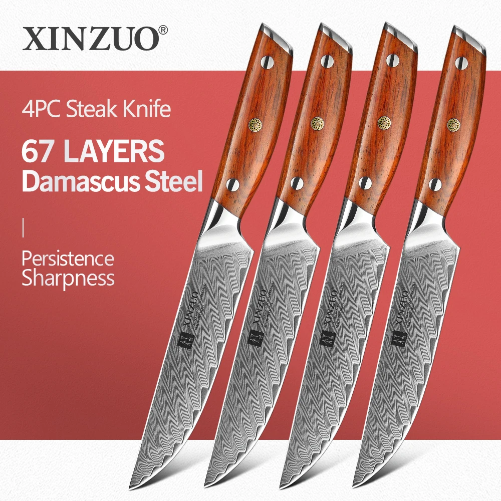 

XINZUO 1pcs/4pcs Steak Knife Set VG10 Steel Damascus Veins Kitchen Knives Razor Sharp For Fruit Peeling Slicer Rosewood Handle