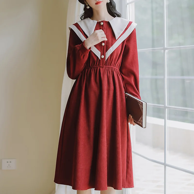 

Vintage Gothic Red Long Dress Women French Hepburn Y2K Evening Party Dress Korean Fashion Elegant Casual Long Sleeve Dress Fall