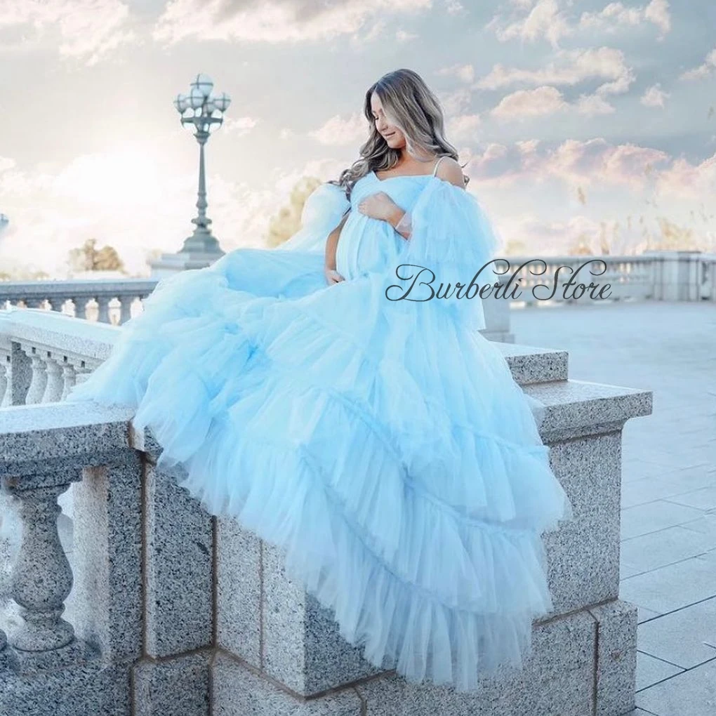 

Demure Sky Blue Ruffles Tulle A-line Maternity Dresses To Photoshoot Draped Mesh Long Women Formal Party Dress Vestidos