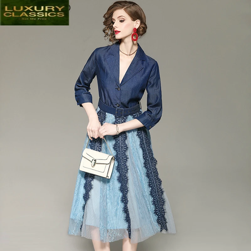 

Dress Blue Women Elegant Denim Lace Mash Dress Sexy V Neck Dresses Fake Two Piece Long Party Dresses Vestidos LWL1679