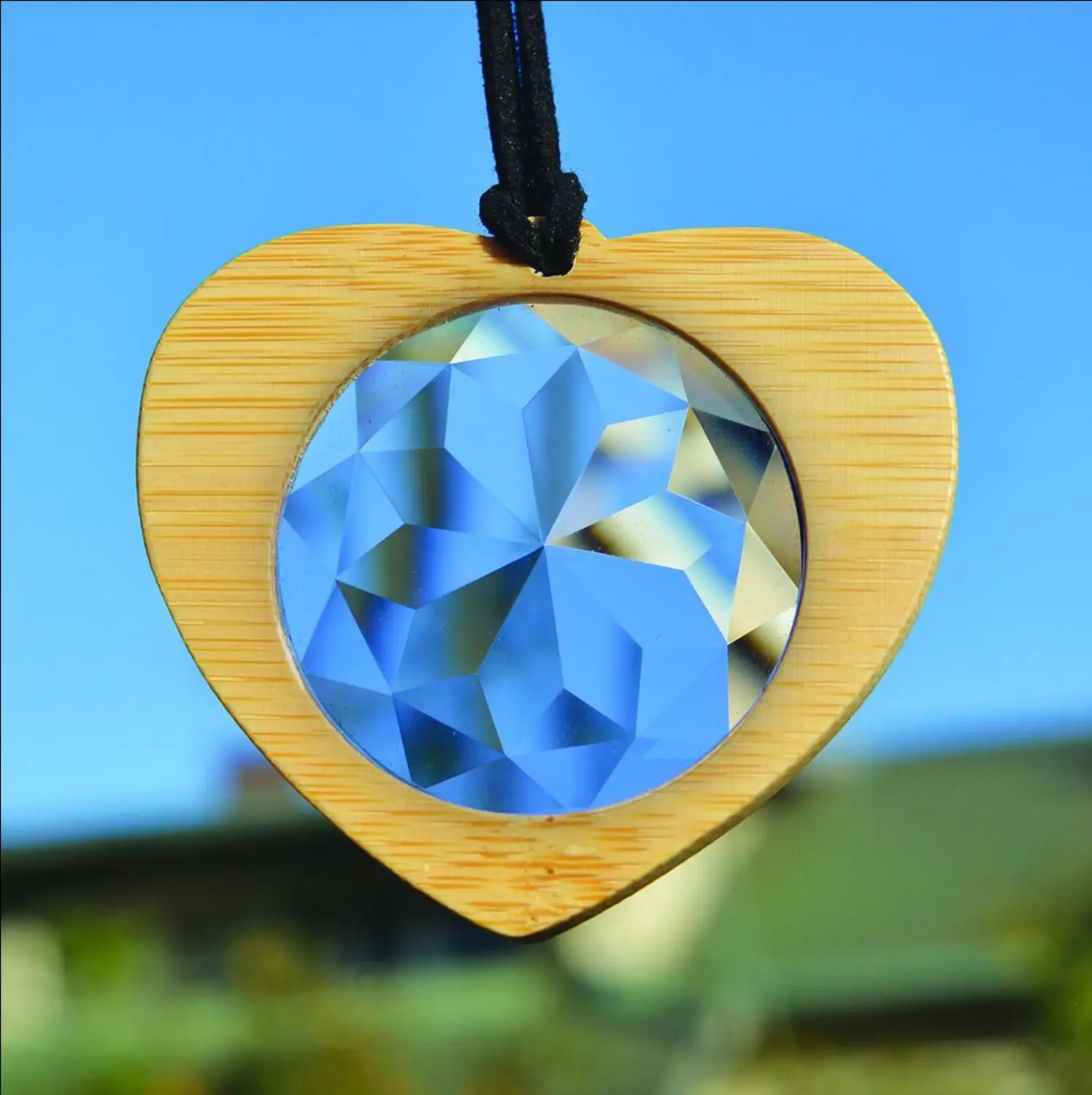 Bamboo Heart Frame Kaleidoscope Pendant Clear Crystal  Glass Lens