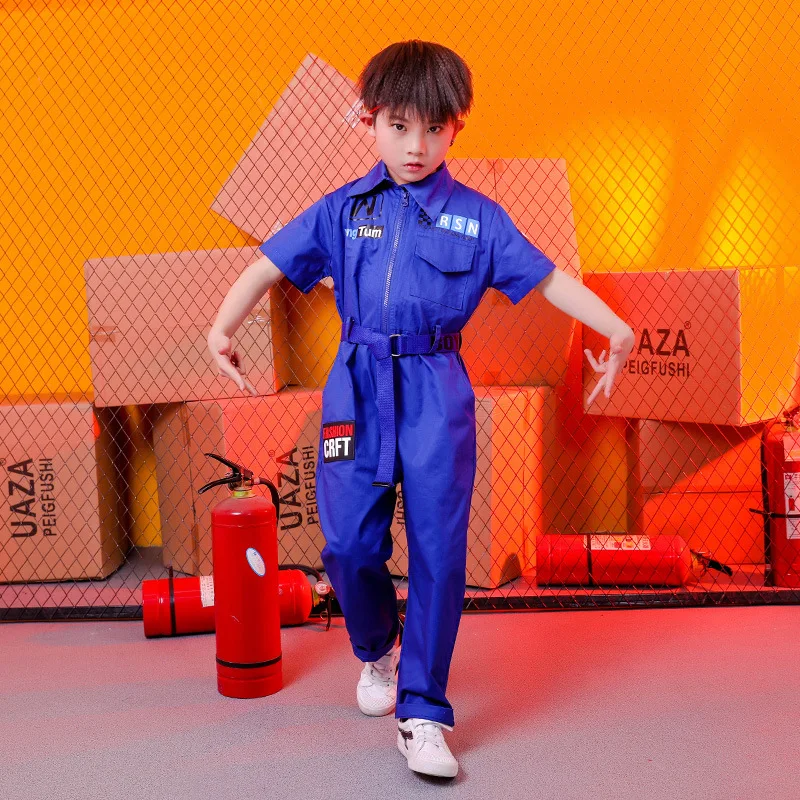 Kids Cool Short Sleeve Hip Hop Clothing Blue Red Loose Jumpsuit Overalls for Girls Boys Jazz Dance Costumes Dancing Clothes Wear