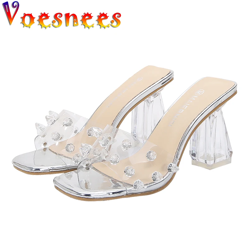 Voesnees 2021 New Arrivel Women Shoes Crystal  Slippers  Open Toed High Heels Women Transparent Sexy Heel Square Heel  Sandals