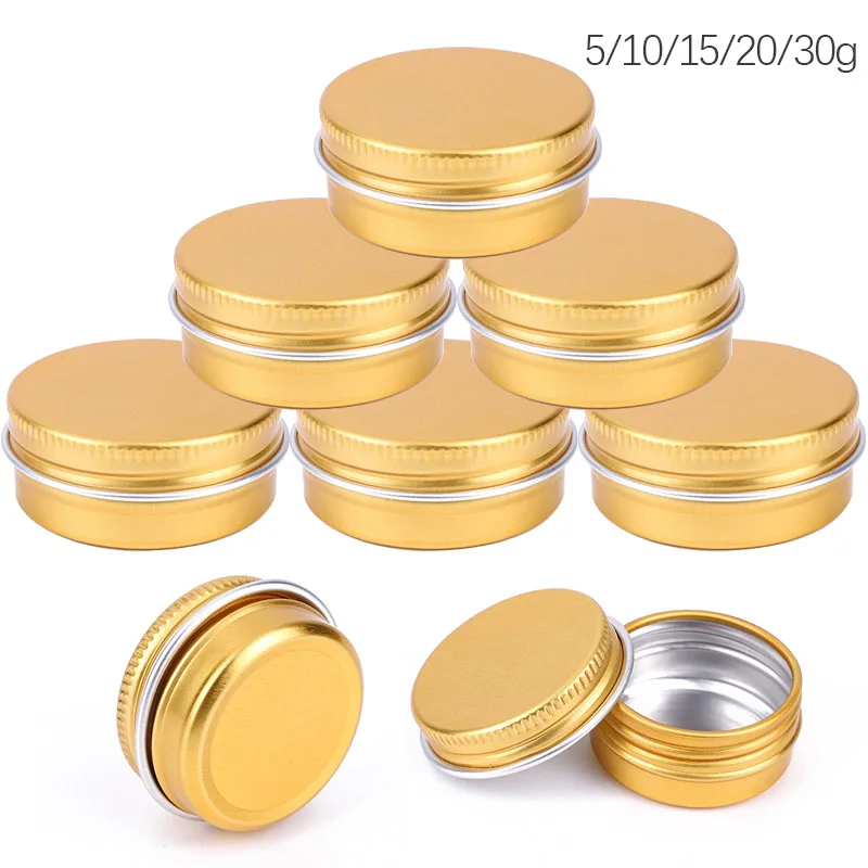 

100pcs Golden Aluminum Tin Jars 5g 10g 15g 20g 30g Empty Candle Jar Tea Cans Cosmetic Face Cream Lip Balm Gloss Packaging Box