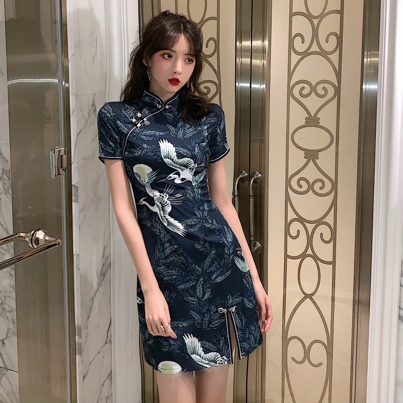 2021 Chinese Dress for Women Elegant Vintage Print Crane Qipao Dress Vestidos Sexy Party Wedding Split Cheongsam Dresses Quipao
